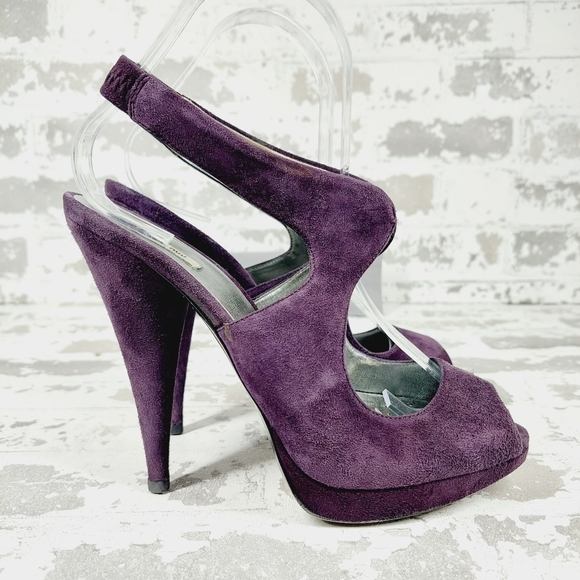 Miu Miu Purple Plum Suede Peep Roe Slingback Platform Sandals O82 - Picture 6 of 13